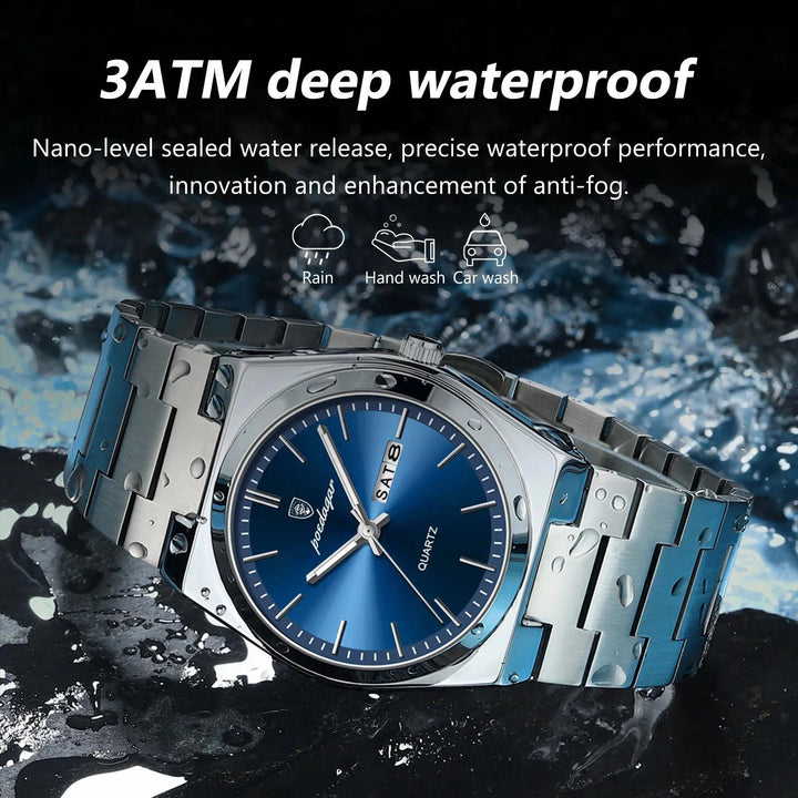 POEDAGAR Men's Waterproof Luminous Date Week Watch, Stainless Steel Casual Quartz Watches