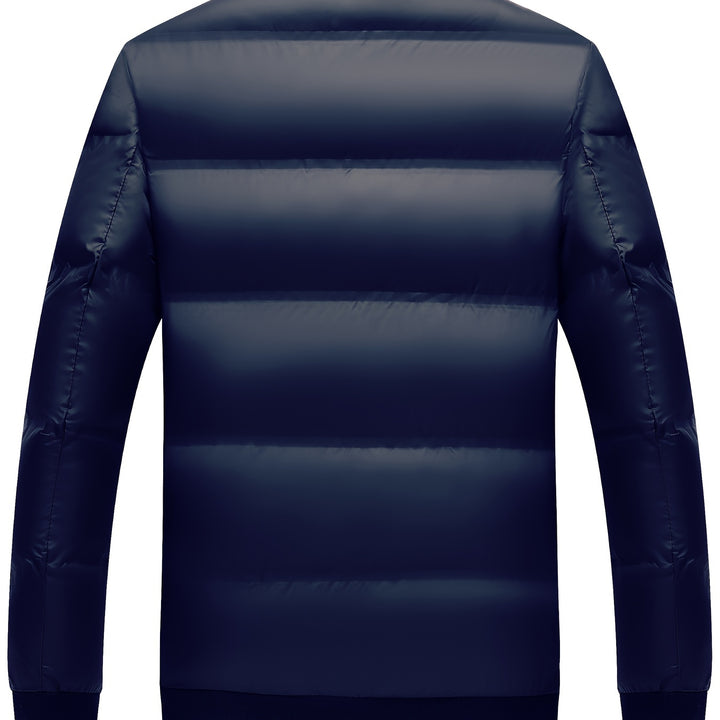 Men's Winter Warm Jacket - Casual Business Style with Zipper Pockets, Short Lapel Design, Polyester - Sizes S to 3XL