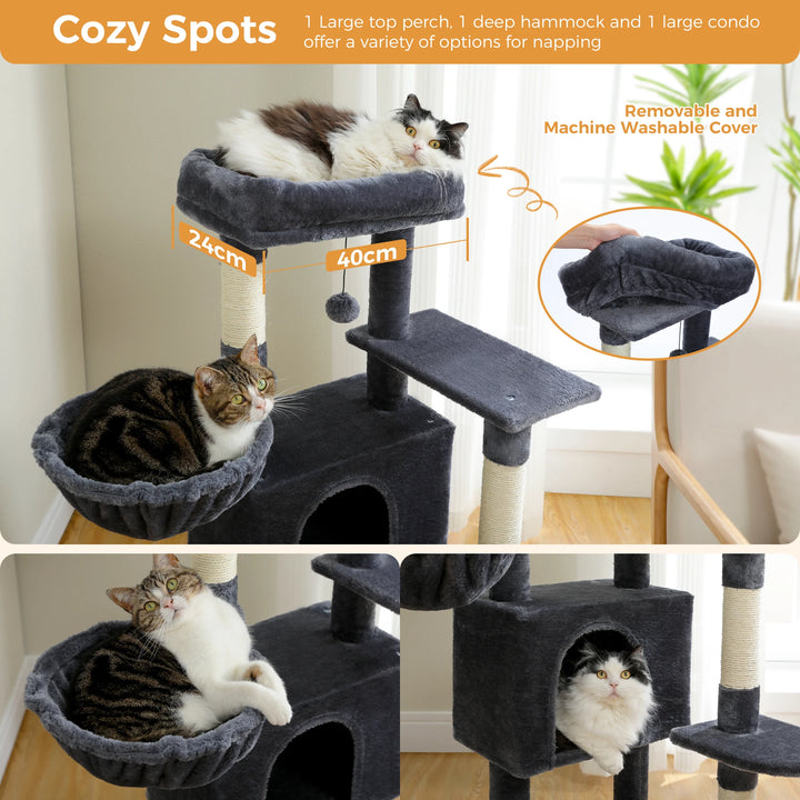 H106CM Cat Tree Tower for Indoor with Self Groomer Sisal Scratching Post Large Condo Perch Stable for Kitten Spacious Hummocks