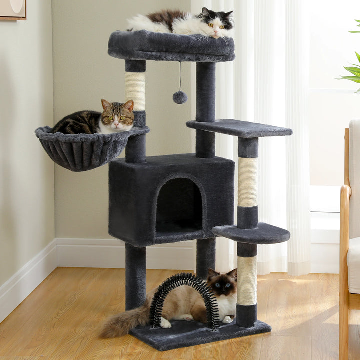 H106CM Cat Tree Tower for Indoor with Self Groomer Sisal Scratching Post Large Condo Perch Stable for Kitten Spacious Hummocks