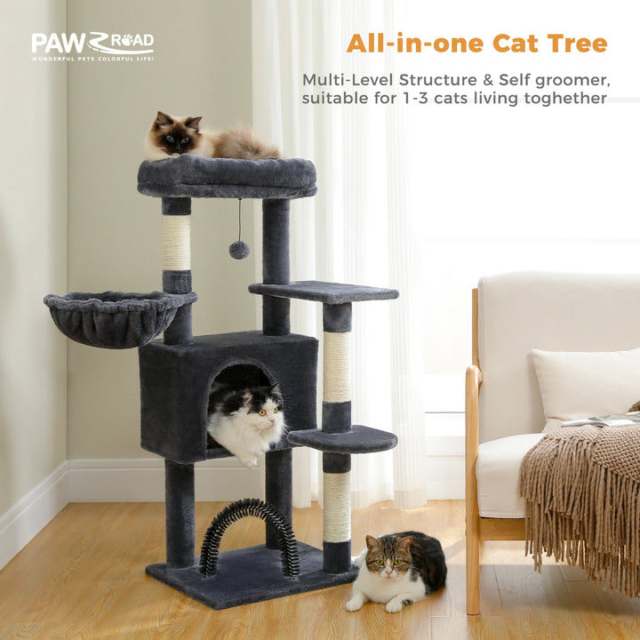 H106CM Cat Tree Tower for Indoor with Self Groomer Sisal Scratching Post Large Condo Perch Stable for Kitten Spacious Hummocks