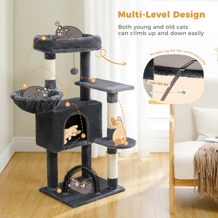 H106CM Cat Tree Tower for Indoor with Self Groomer Sisal Scratching Post Large Condo Perch Stable for Kitten Spacious Hummocks