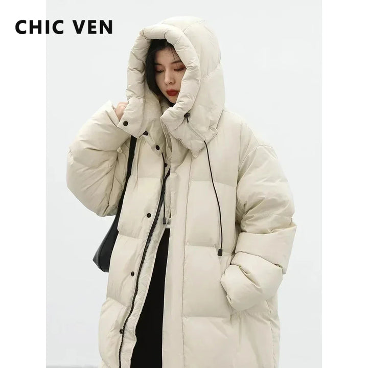 CHIC VEN Women's Down Coats Korean Loose Hooded Thick Warm Long Down Jacket Winter Coat for Women Female Parkas Outerwears 2024