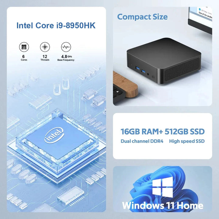 Mini PC Windows 11 Intel Core i9 8950HK 16GB DDR4 512GB 1TB SSD PC UHD Graphics Pocket PC   4K HD Mini Gaming Pc Desktop