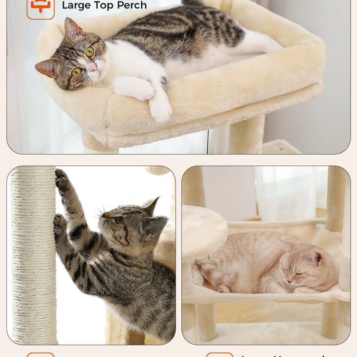 H106CM Cat Tree Tower for Indoor with Self Groomer Sisal Scratching Post Large Condo Perch Stable for Kitten Spacious Hummocks