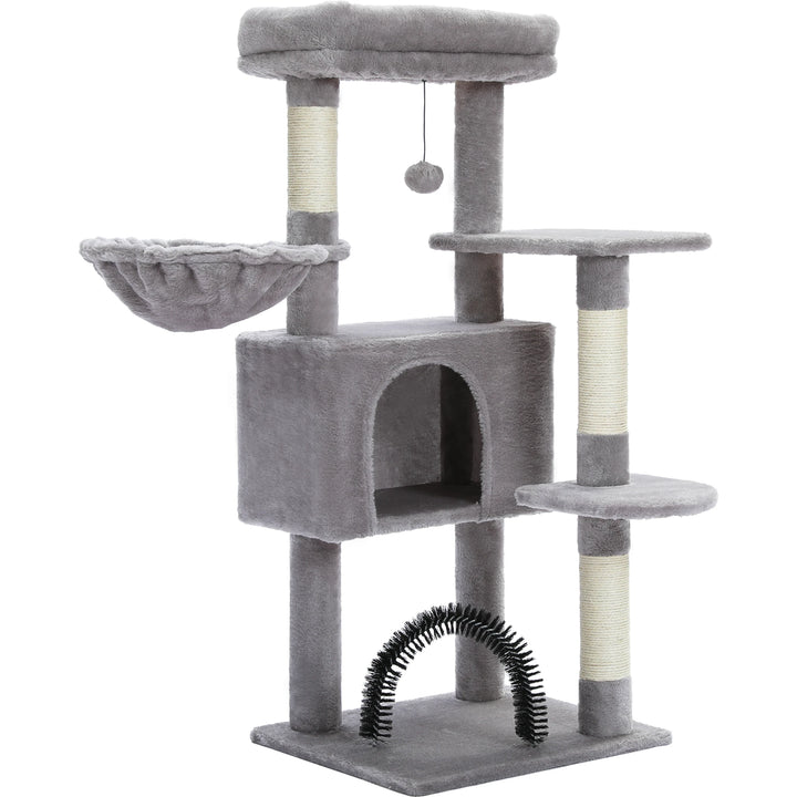 H106CM Cat Tree Tower for Indoor with Self Groomer Sisal Scratching Post Large Condo Perch Stable for Kitten Spacious Hummocks