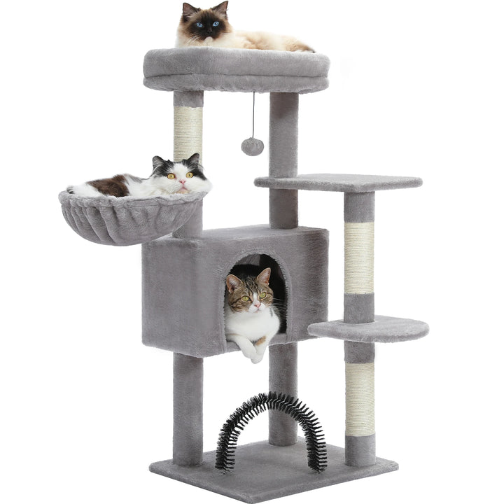 H106CM Cat Tree Tower for Indoor with Self Groomer Sisal Scratching Post Large Condo Perch Stable for Kitten Spacious Hummocks