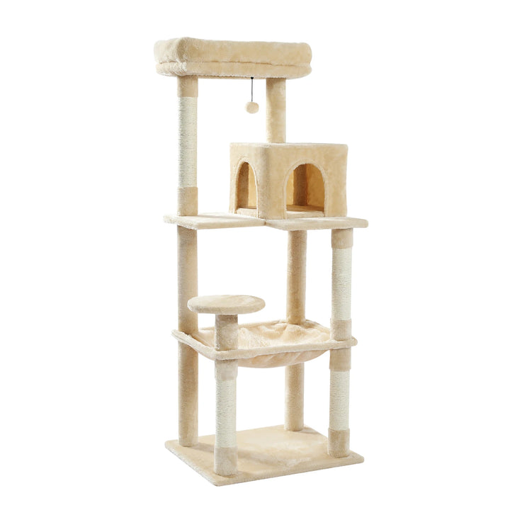 H106CM Cat Tree Tower for Indoor with Self Groomer Sisal Scratching Post Large Condo Perch Stable for Kitten Spacious Hummocks