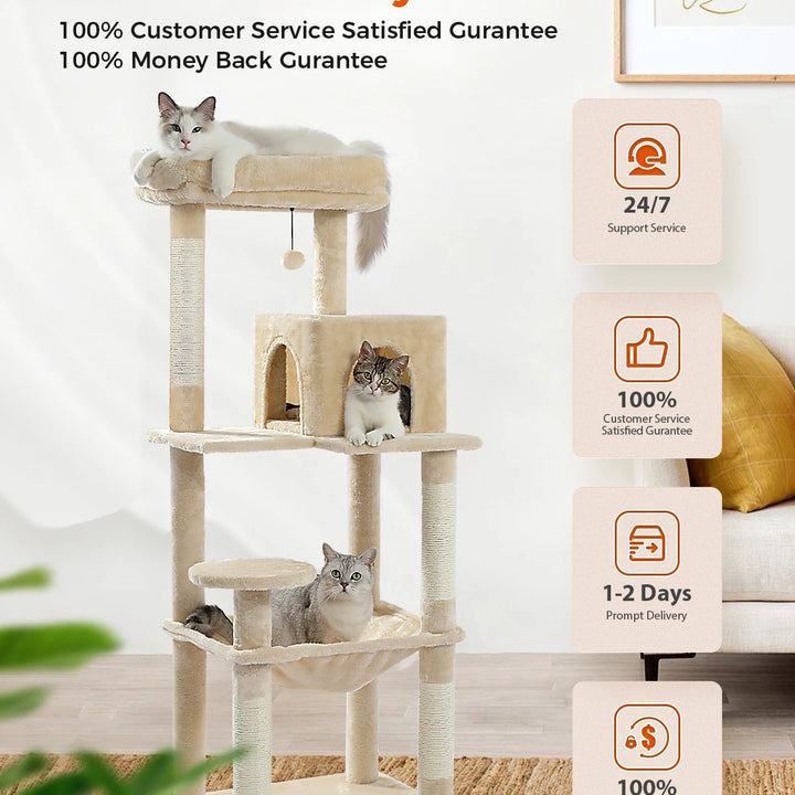 H106CM Cat Tree Tower for Indoor with Self Groomer Sisal Scratching Post Large Condo Perch Stable for Kitten Spacious Hummocks