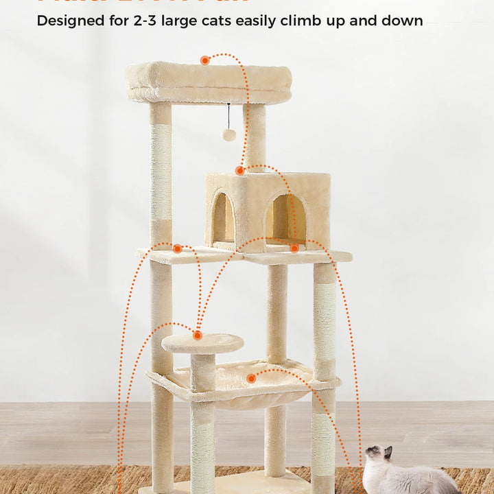 H106CM Cat Tree Tower for Indoor with Self Groomer Sisal Scratching Post Large Condo Perch Stable for Kitten Spacious Hummocks