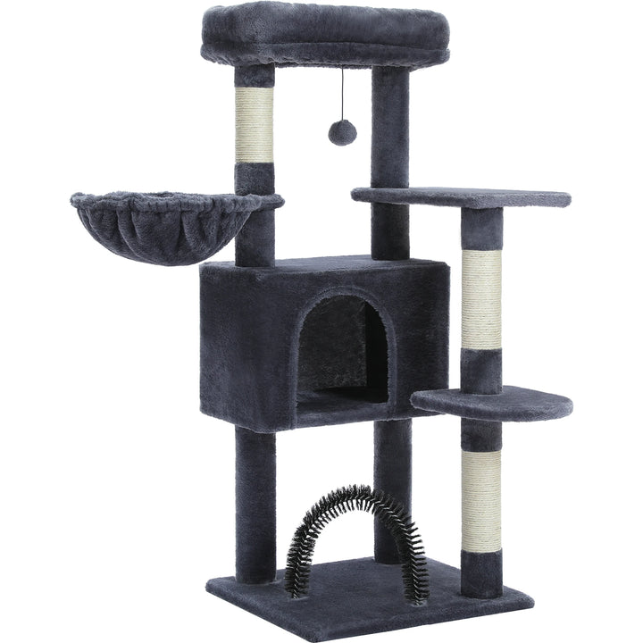 H106CM Cat Tree Tower for Indoor with Self Groomer Sisal Scratching Post Large Condo Perch Stable for Kitten Spacious Hummocks