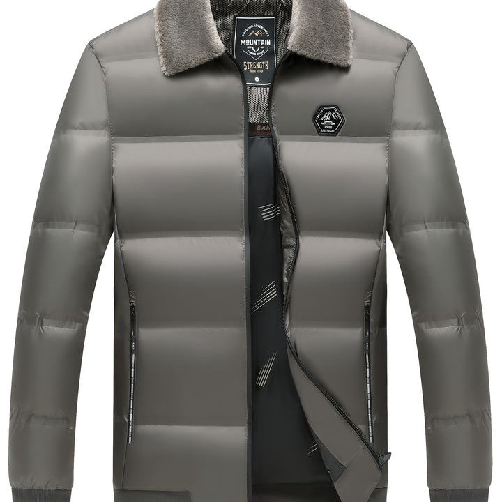 Men's Winter Warm Jacket - Casual Business Style with Zipper Pockets, Short Lapel Design, Polyester - Sizes S to 3XL