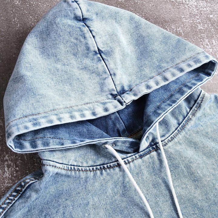 Men's Casual Light Wash Denim Jacket, Cotton Blend, Hooded, Solid Color, Non-Stretch, Loose Fit, Knit Fabric with Pockets