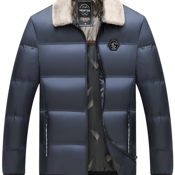 Men's Winter Warm Jacket - Casual Business Style with Zipper Pockets, Short Lapel Design, Polyester - Sizes S to 3XL